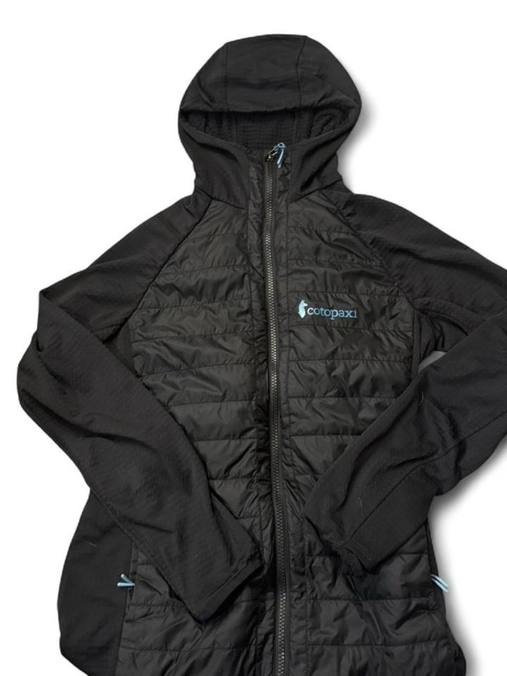 cotopaxi Black Hooded Quilted Jacket with Light Blue Accents